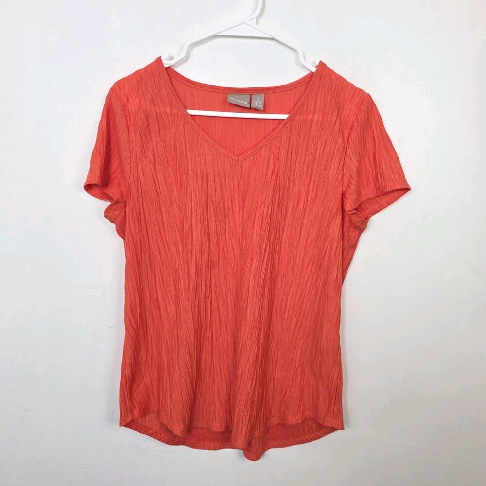 Chico's Orange V-Neck‎ Lightweight Crinkle Short Sleeve Classic Shirt Size 8